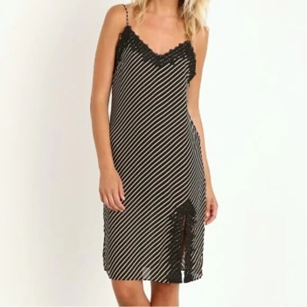 NWOT Line & Dot Women Small Gwen Midi Graphite Stripe Lace Trim Y2K Slip Dress